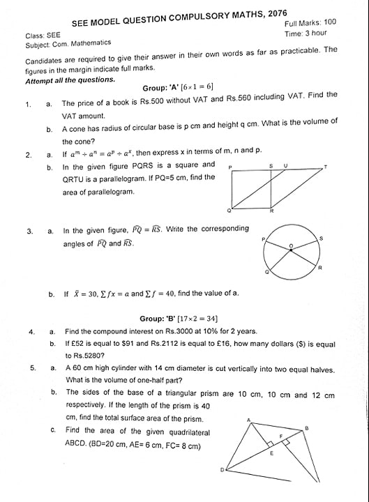 SEE MODEL QUESTION MATHS 2076